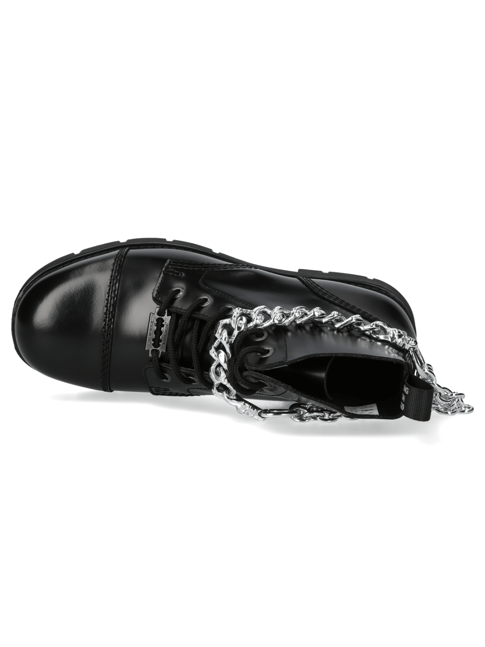 Top view of NEW ROCK Chained Black Leather Ranger Ankle Boots featuring chain details and sturdy construction.