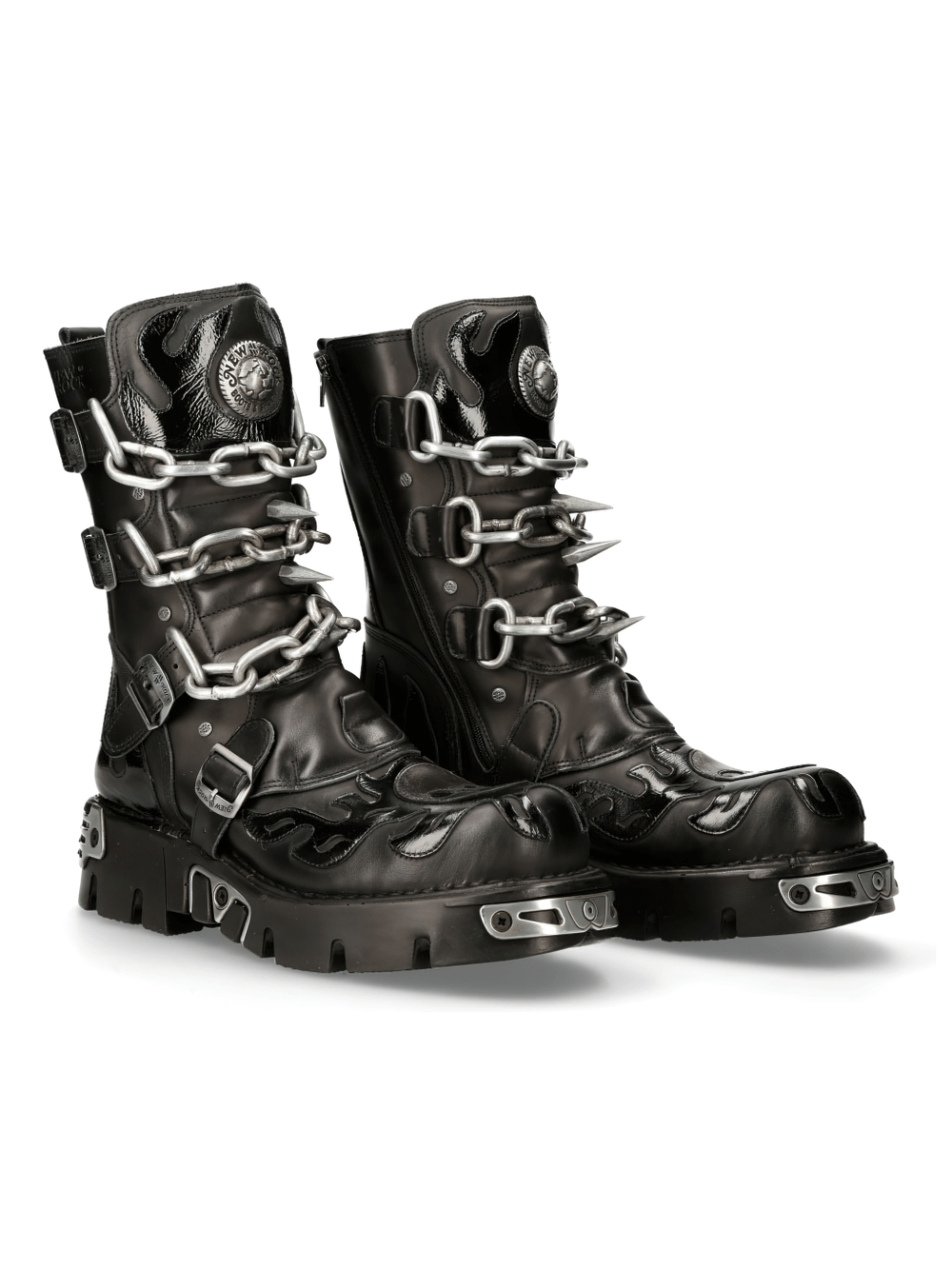 NEW ROCK Men's Chained Gothic Boots with metal accents and skull prints, perfect for rebel style and Gothic fashion.