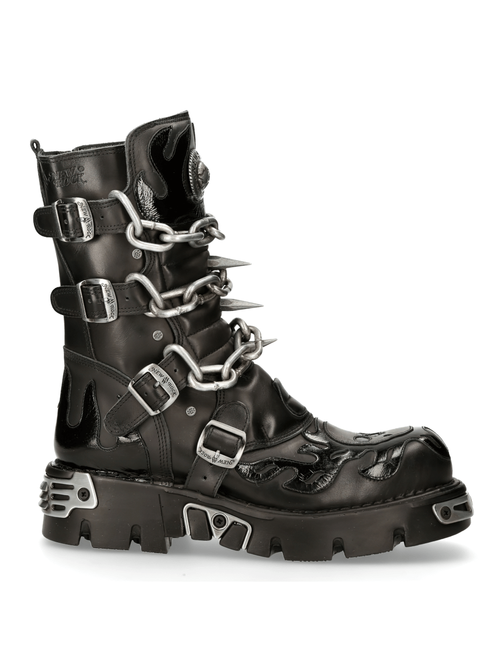 Men's Gothic boots with chains, metal accents, and skull prints, showcasing a bold rebel style.