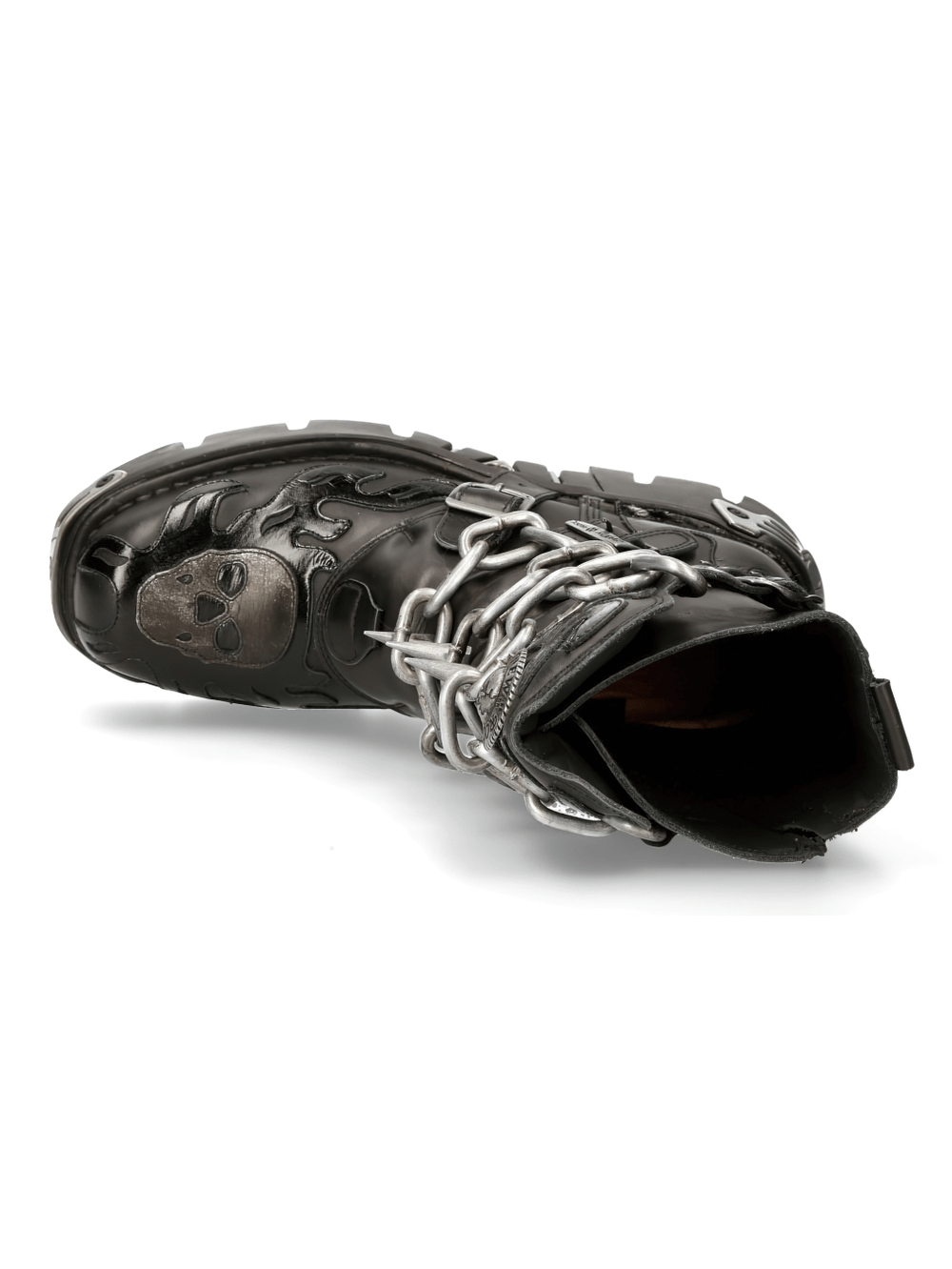 Top view of NEW ROCK men's gothic boots featuring a skull design, chains, and metal accents in black leather.