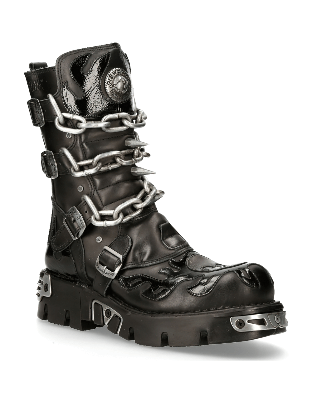 NEW ROCK Men's Chained Gothic Boots with metal accents, featuring chains, skull prints, and bold buckles in black leather.