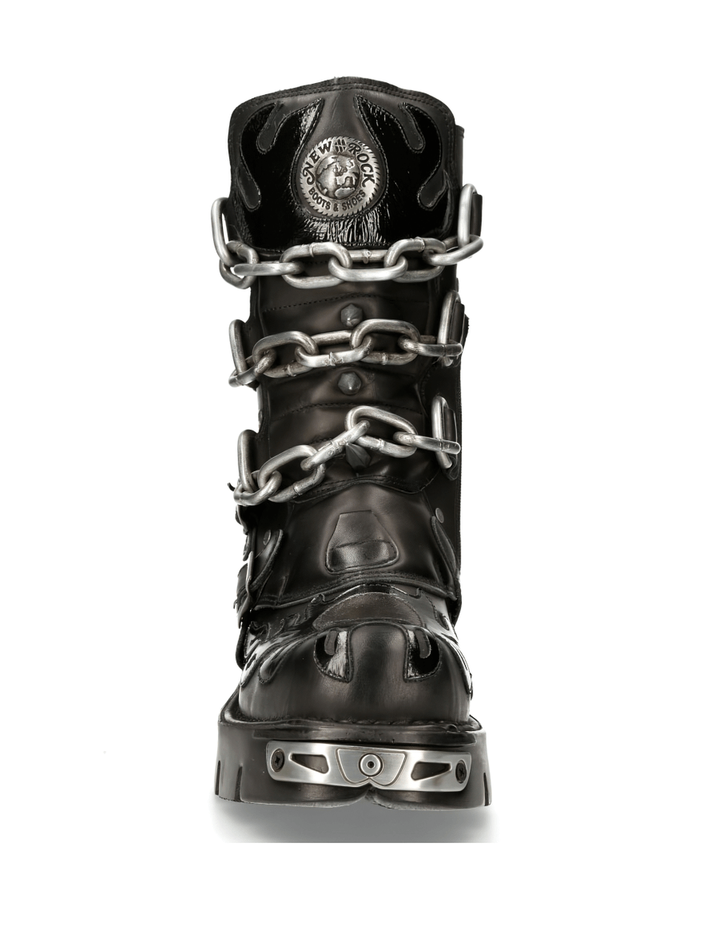 Front view of NEW ROCK Men's Gothic boots with chains and metal accents, showcasing a bold and rebellious style.