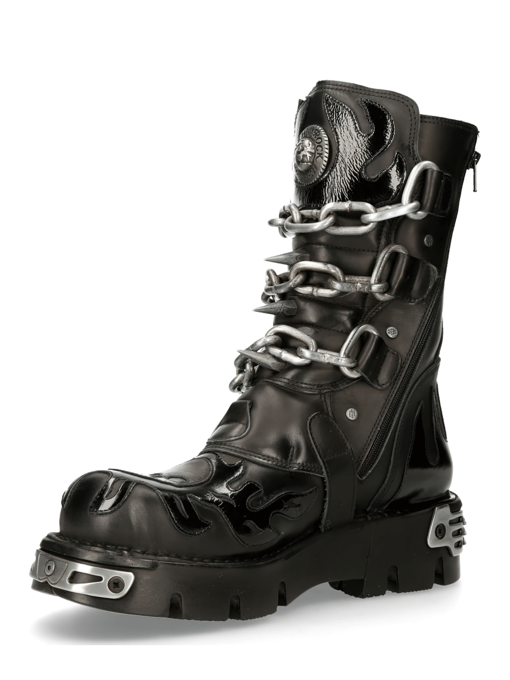 NEW ROCK Men's Gothic Boots with chains, skull print and metal accents, perfect for a bold, rebellious style.