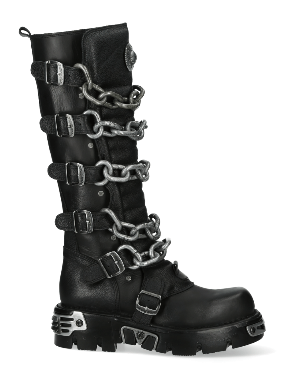 NEW ROCK black Gothic high boots with metallic chains and punk design, perfect for bold fashion statements.