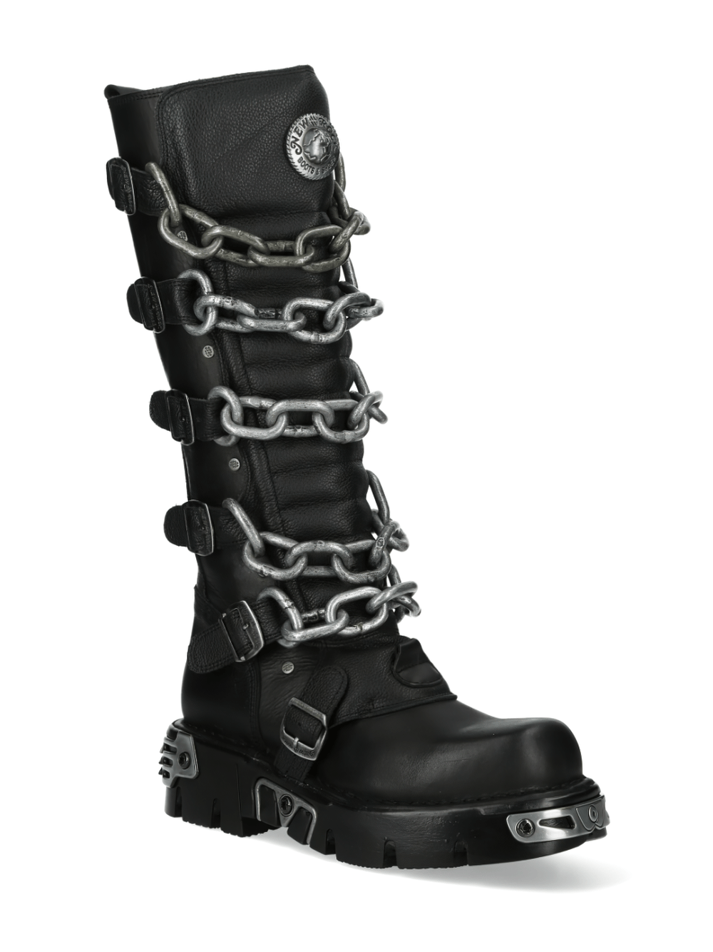 NEW ROCK Men's Gothic High Boots featuring chains and metallic details for a bold, punk style.