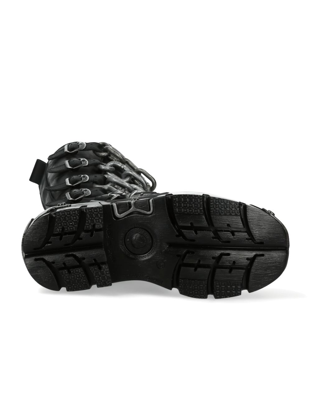 Sole view of NEW ROCK Men's Chained Gothic High Boots showcasing unique design and sturdy tread for durability.