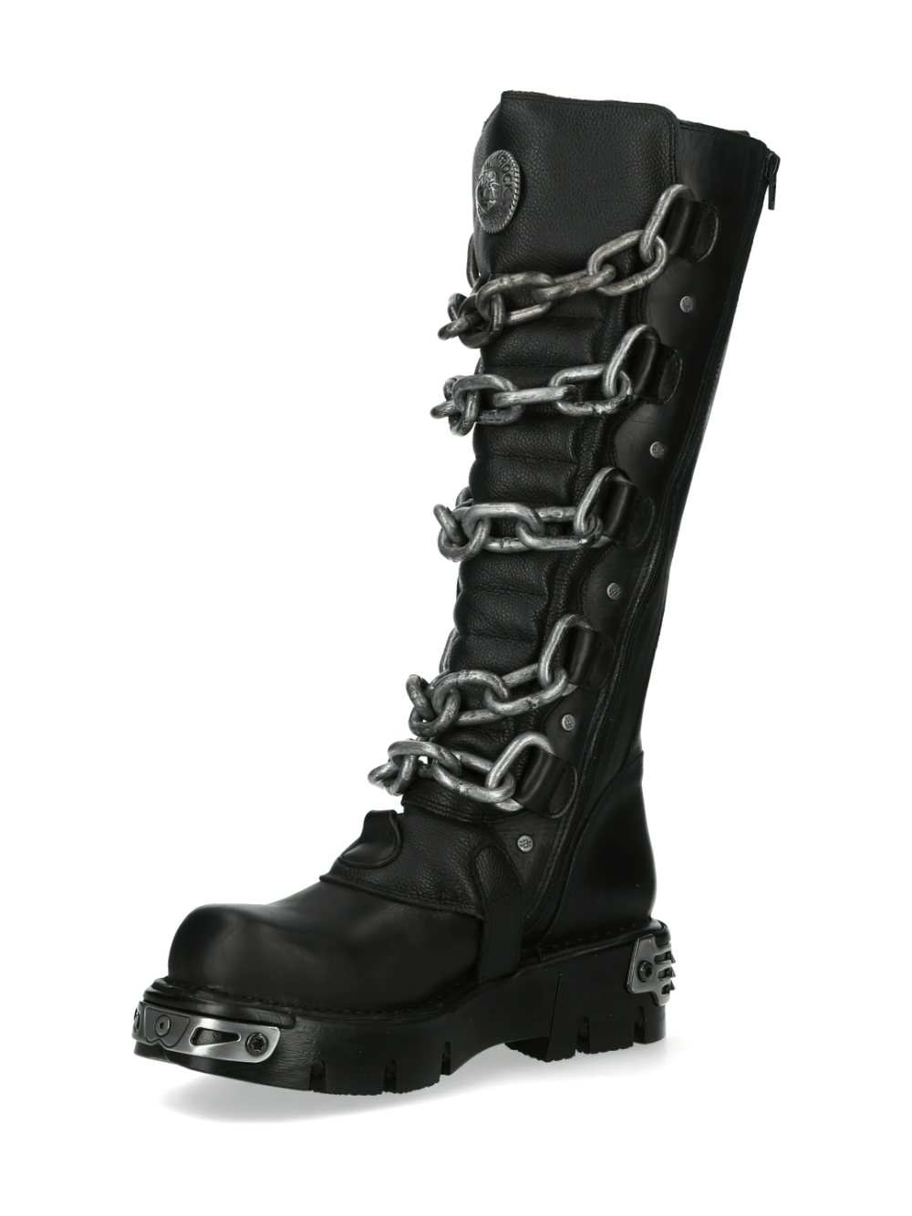 NEW ROCK Men's Gothic High Boots with metallic chains, stylish punk design and durable leather finish.