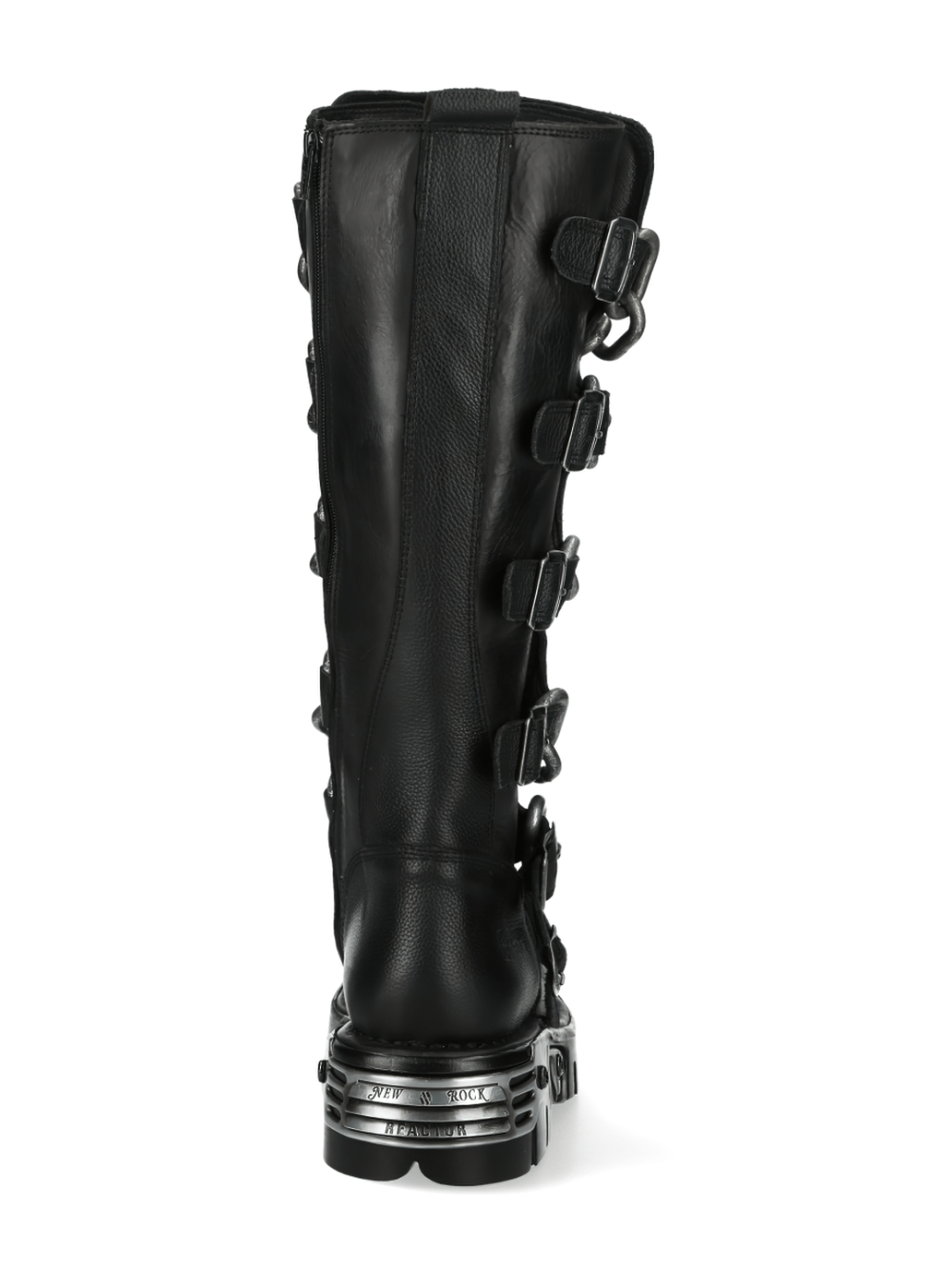 NEW ROCK Men's Chained Gothic High Boots with metallic finish, showcasing stylish buckle details on the back.