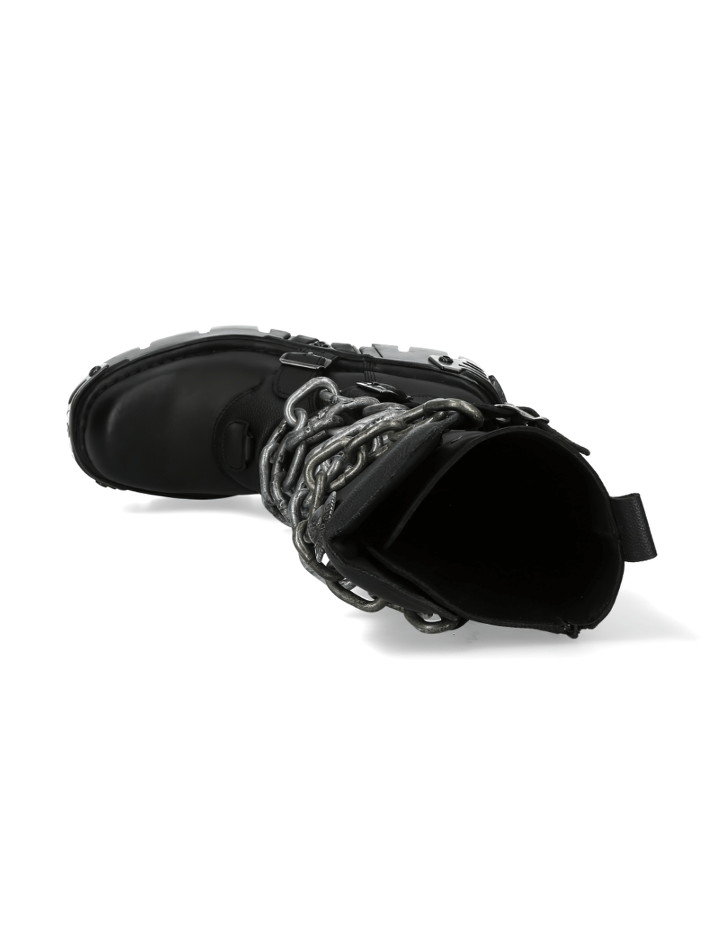 New Rock men's gothic high boot with metallic chains and rugged design. Bold punk style for edgy fashion.