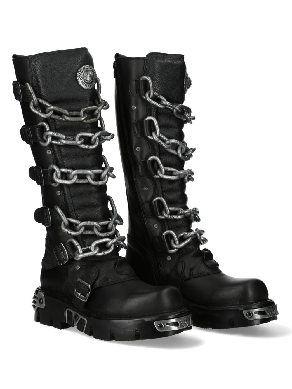 NEW ROCK Men's Gothic High Boots with Chains and Metallic Details, perfect for bold, punk-inspired fashion.