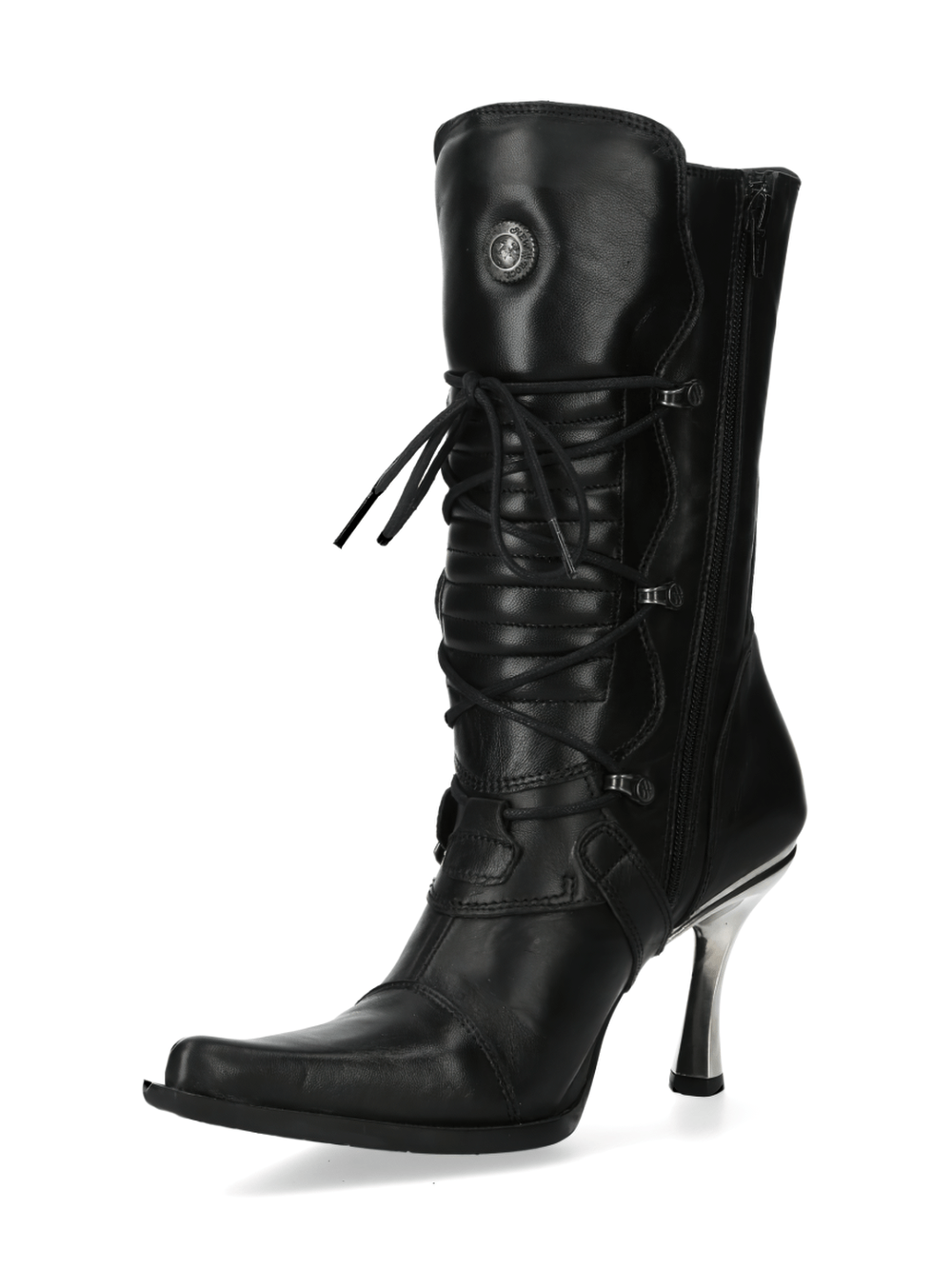 NEW ROCK black lace-up heeled boots, stylish punk-rock vibe, calfskin inner, and silver details for bold urban fashion.
