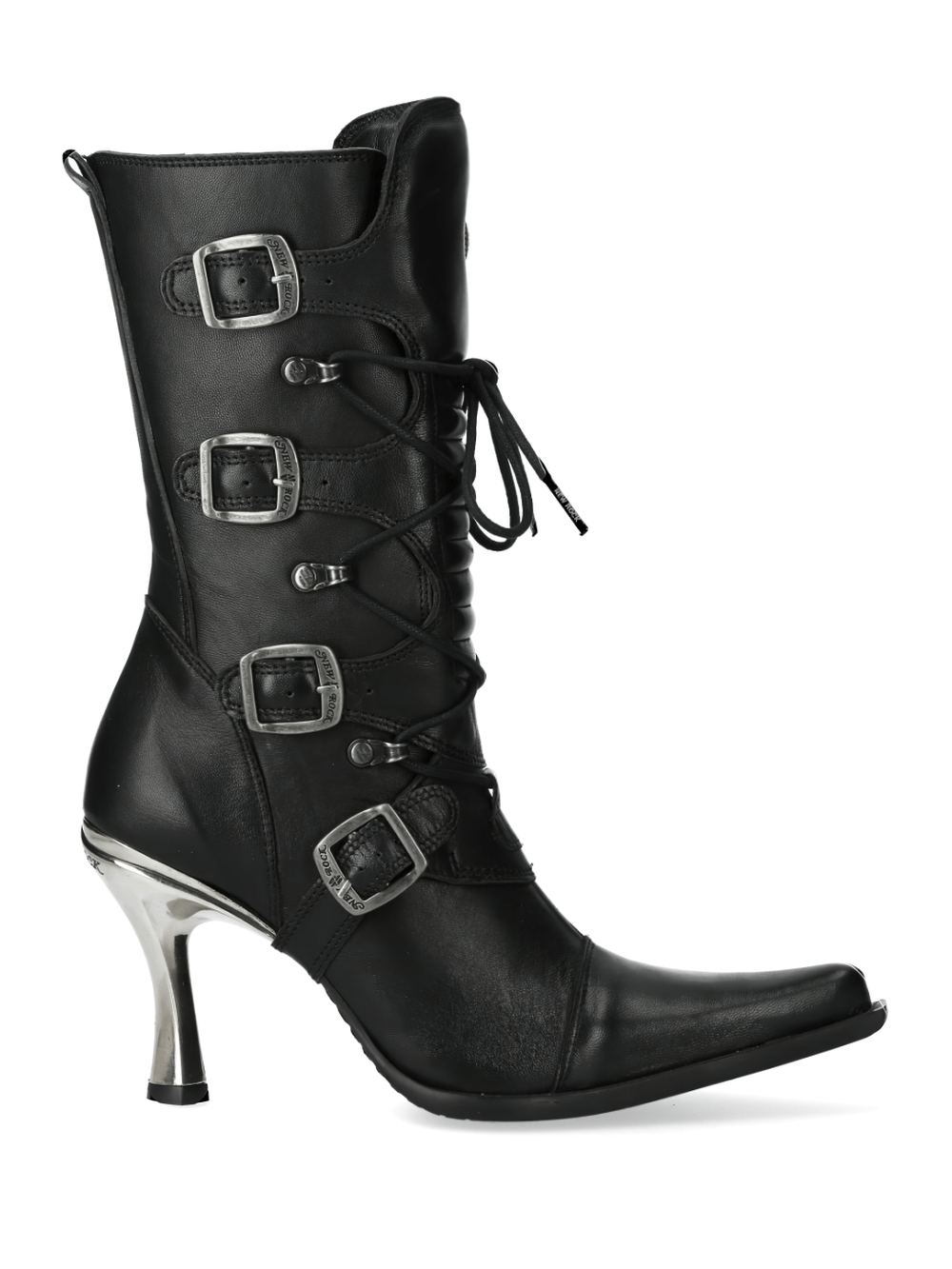 Chic black lace-up heeled boots with silver details from the MALICIA COLLECTION, perfect for a trendy punk-rock style.