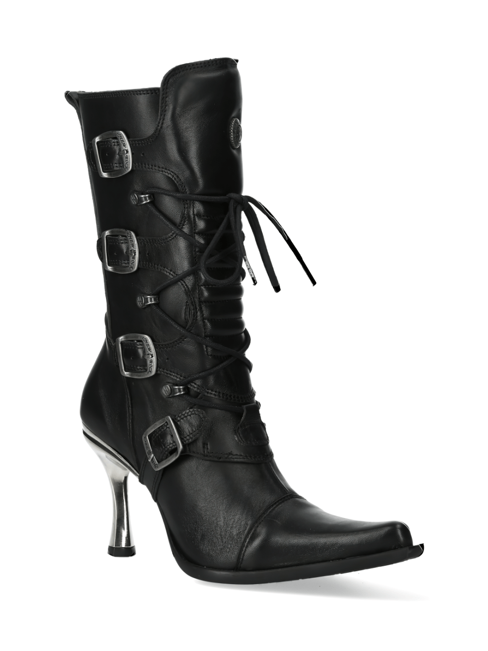 NEW ROCK black lace-up heeled boots with silver buckles, perfect for edgy urban fashion and punk-rock style.