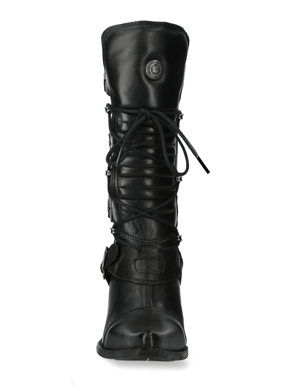 Chic black lace-up heeled boots with silver detail, crafted from cow leather for a punk-rock style.