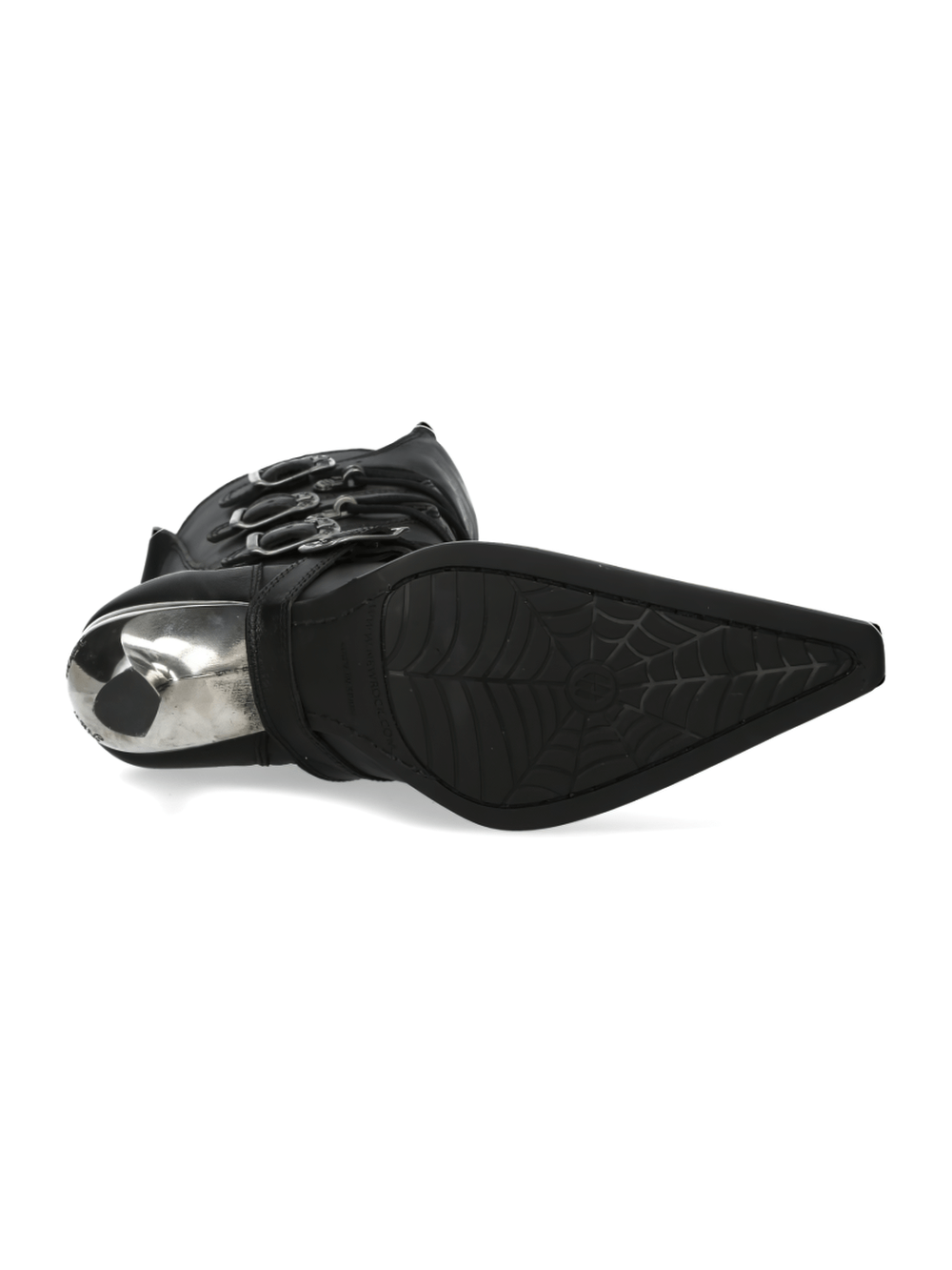 Stylish black lace-up heeled boot with silver detail and unique sole design from the MALICIA COLLECTION.