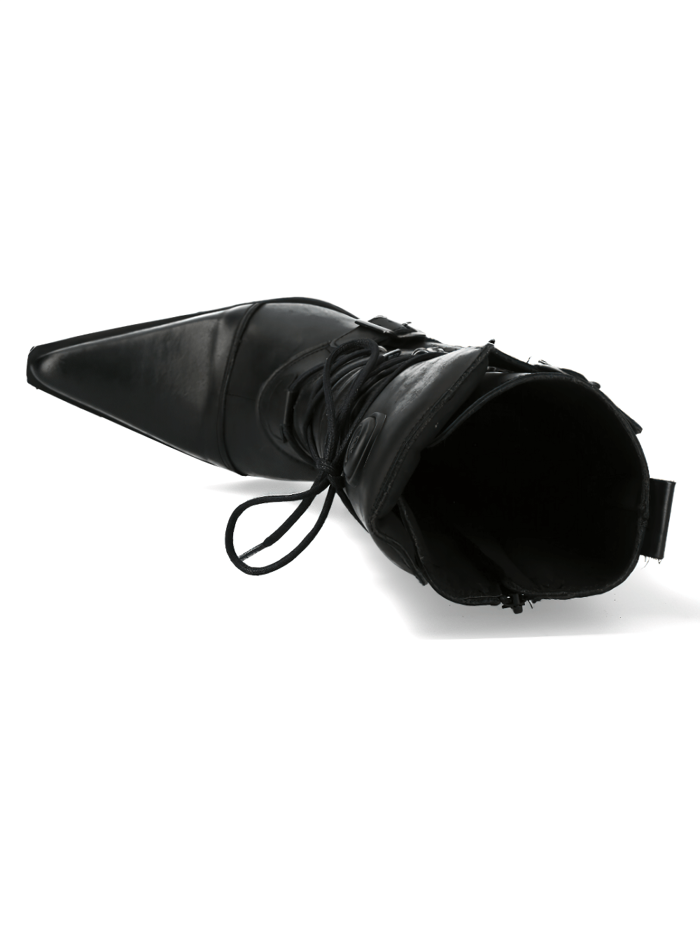 Stylish NEW ROCK black lace-up heeled boot with silver detail, featuring a sleek design and secure cord clasp.