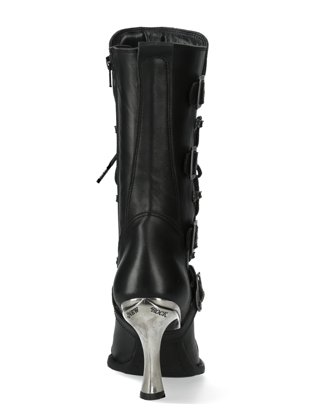 Chic black lace-up heeled boots with silver detail from the back, showcasing punk-rock style and urban fashion.