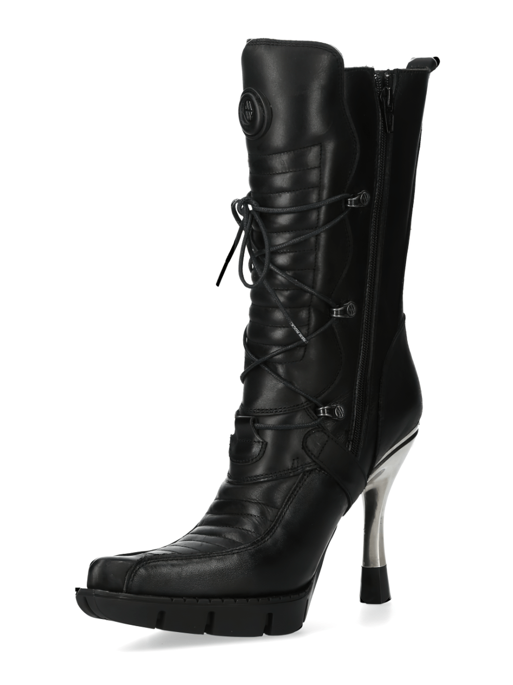Chic black buckled lace-up heel boot from the Malicia Collection, showcasing urban gothic style and elegance.