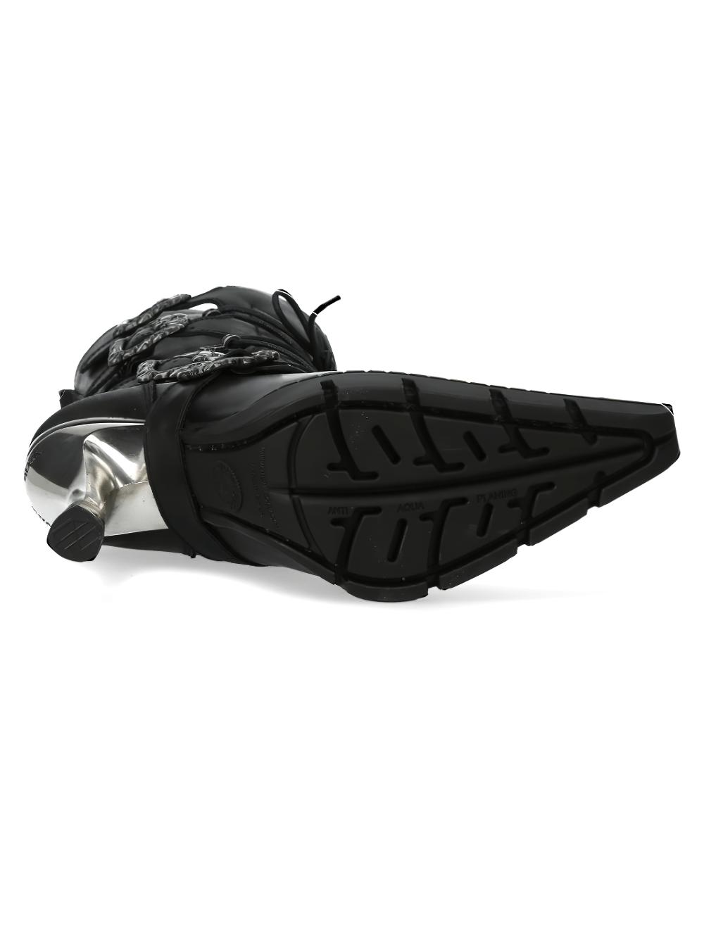 Sole view of NEW ROCK Chic Urban Black Buckled Lace-Up Heel Boots showcasing stylish Gothic design and durable TPU material.