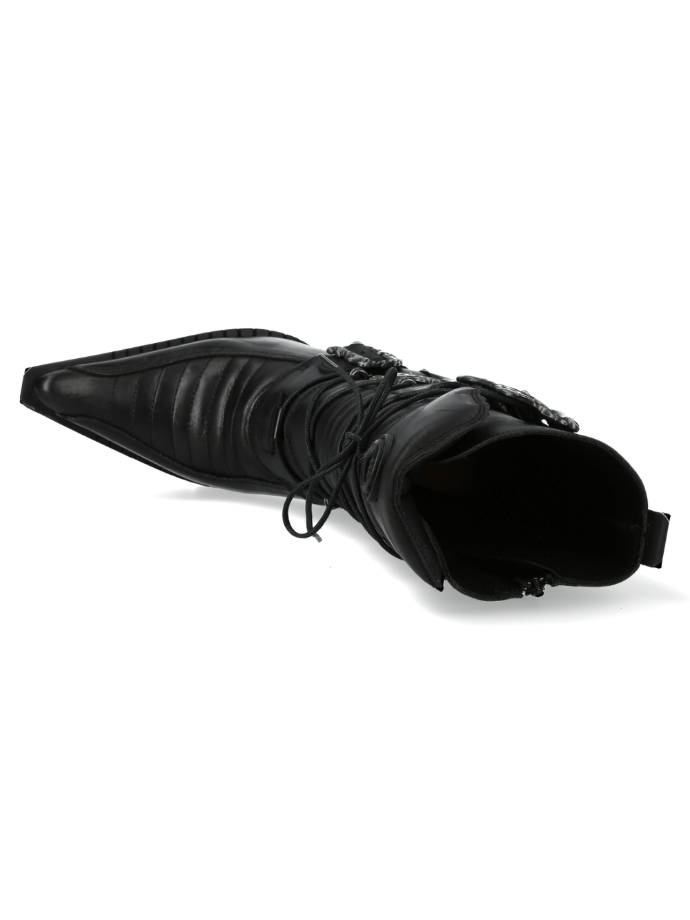 Top view of NEW ROCK Chic Urban Black Buckled Lace-Up Heel Boots, showcasing their stylish Gothic design and sleek finish.