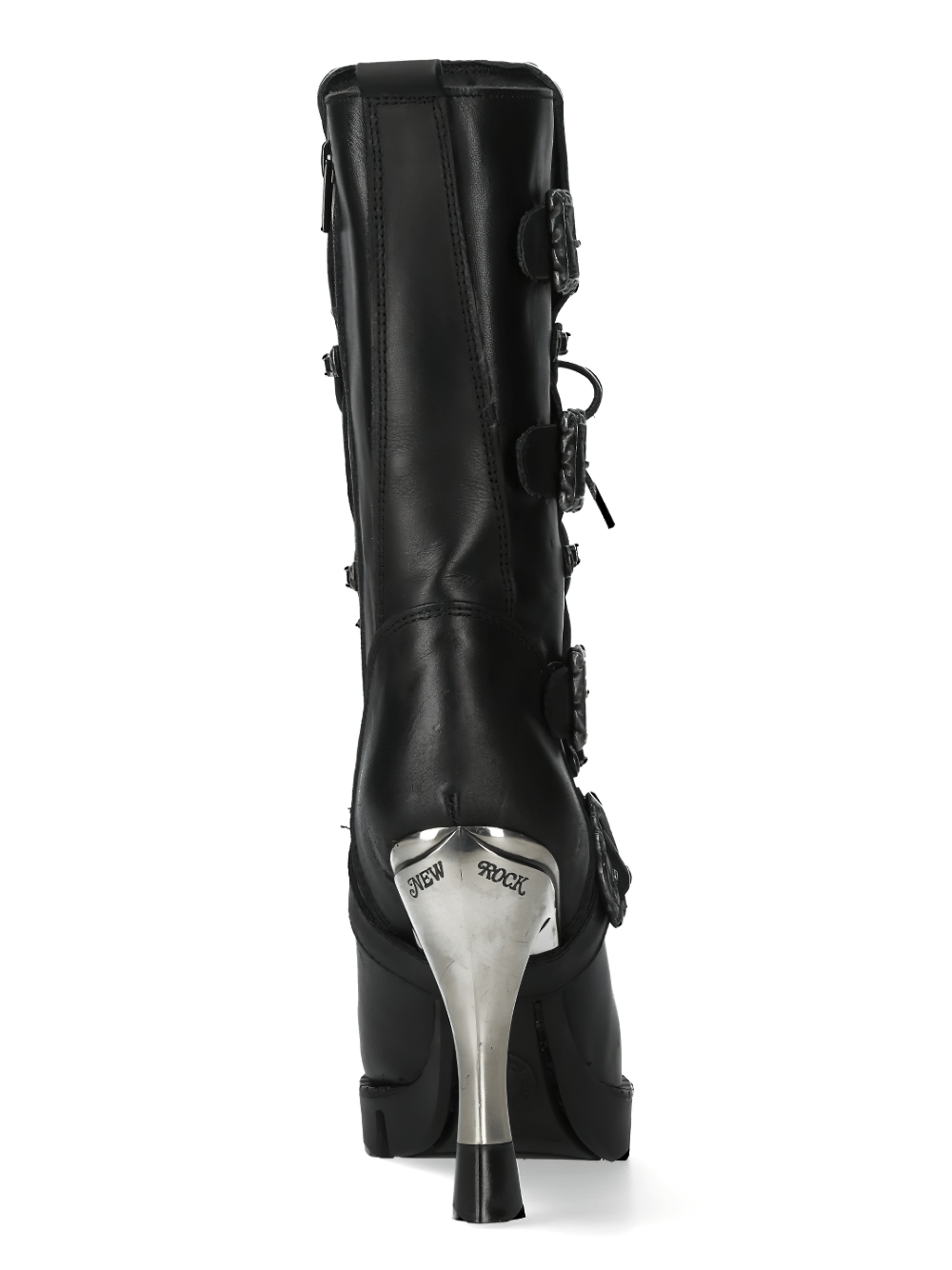 Back view of NEW ROCK black buckled lace-up heel boots showcasing stylish gothic design and high heel.
