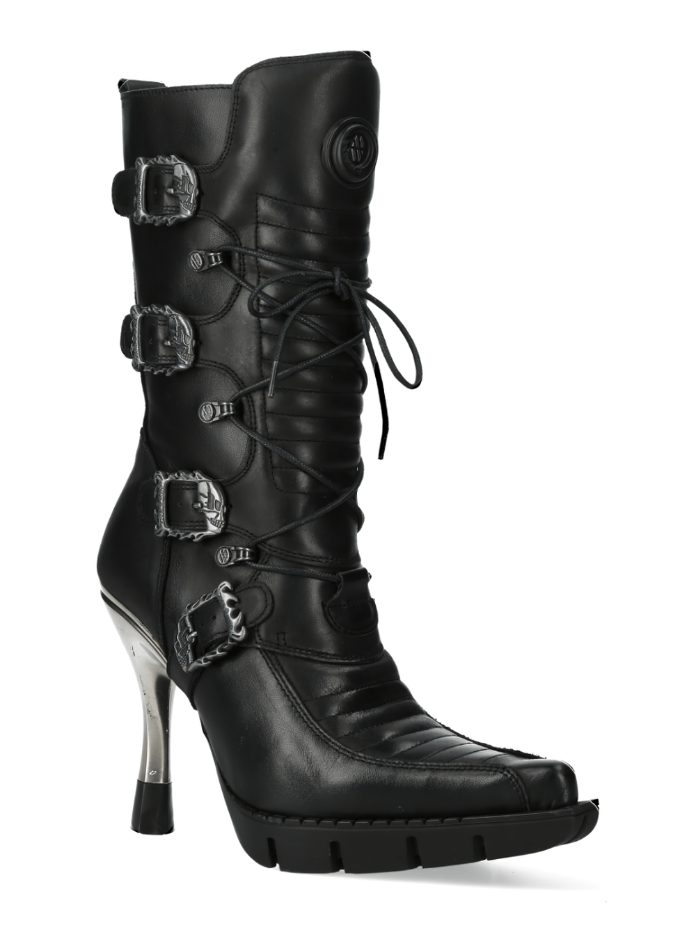 NEW ROCK black buckled lace-up heel boots with a chic urban gothic style and silver accents.