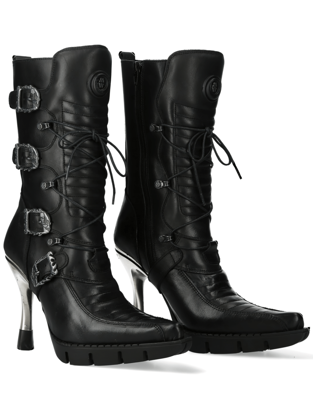 NEW ROCK Chic Urban Black Buckled Lace-Up Heel Boots