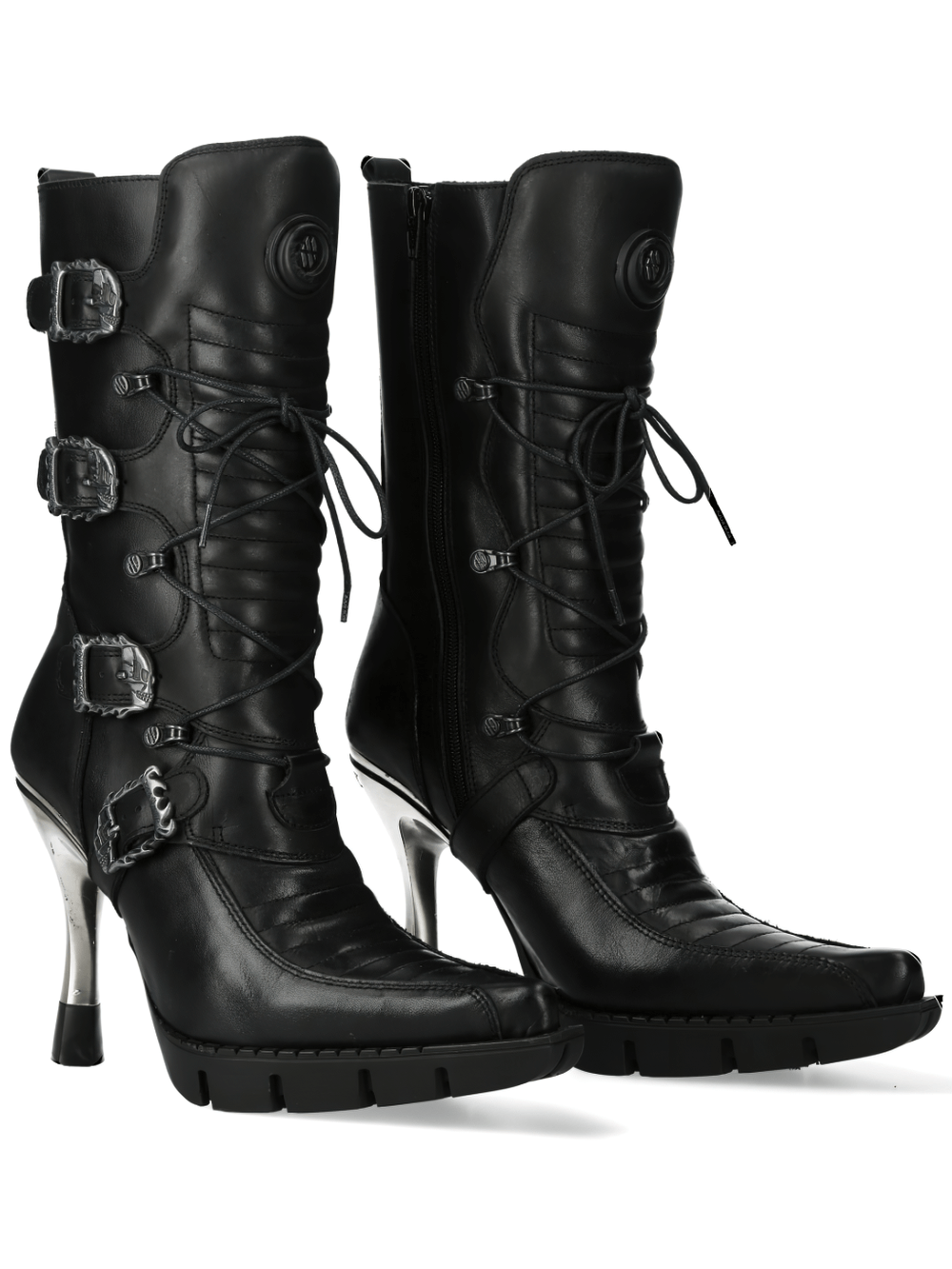 Stylish black buckled lace-up heel boots with a chic urban goth vibe from the MALICIA COLLECTION.