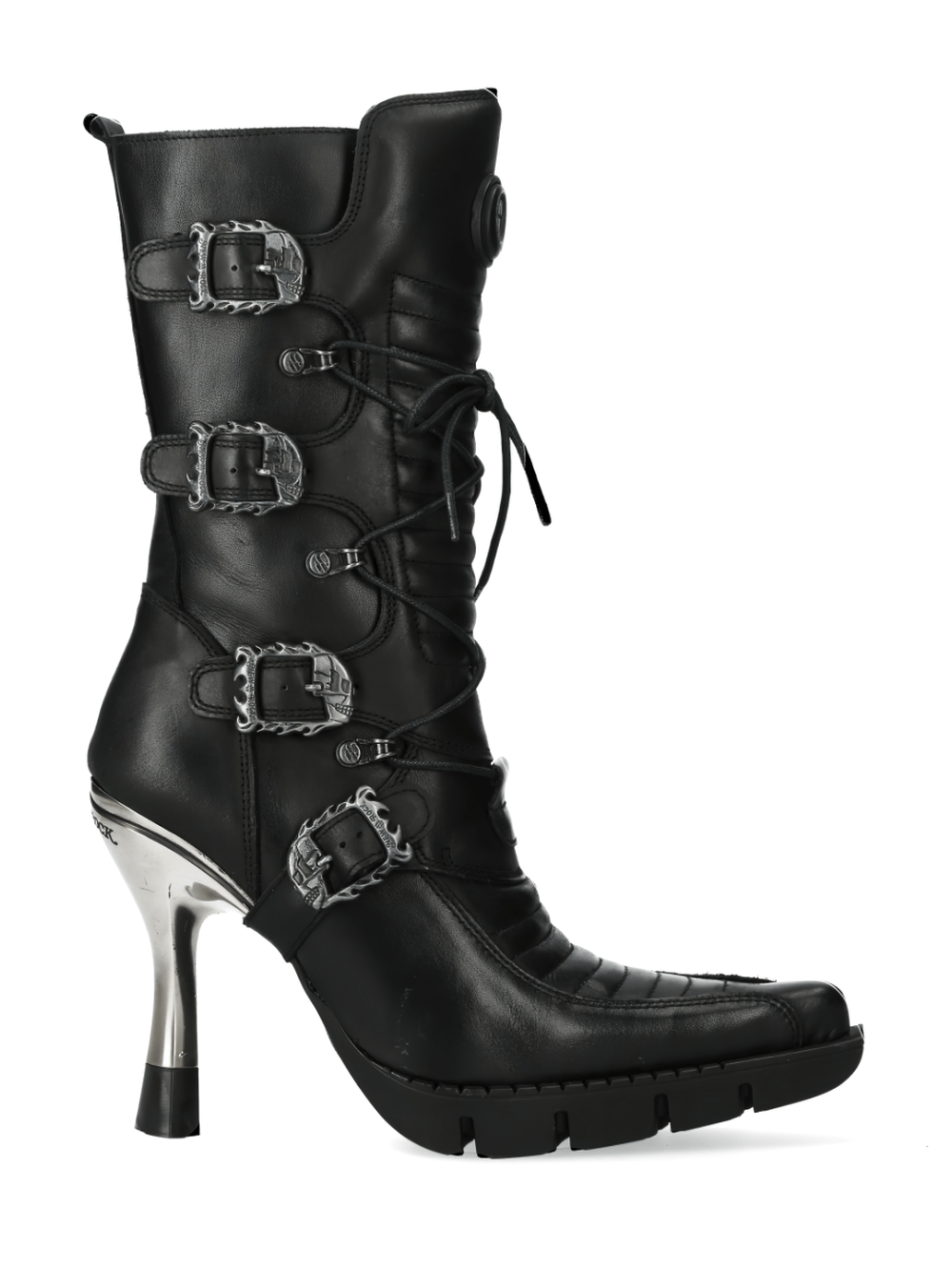 Stylish NEW ROCK black buckled lace-up heel boots from the MALICIA COLLECTION, perfect for urban goth fashion.