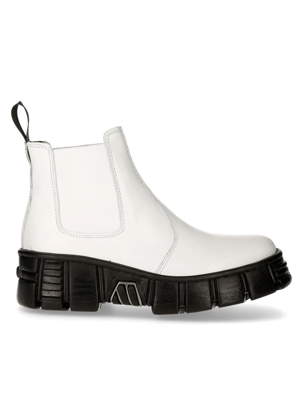 Chic white leather military ankle boots with a bold black sole, perfect for punk rock style. Easy slip-on design.