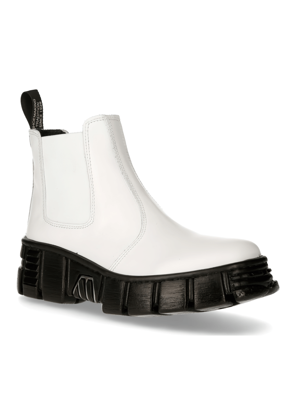 Chic white leather military ankle boots with a bold PU-Ultra sole, perfect for a punk rock statement.