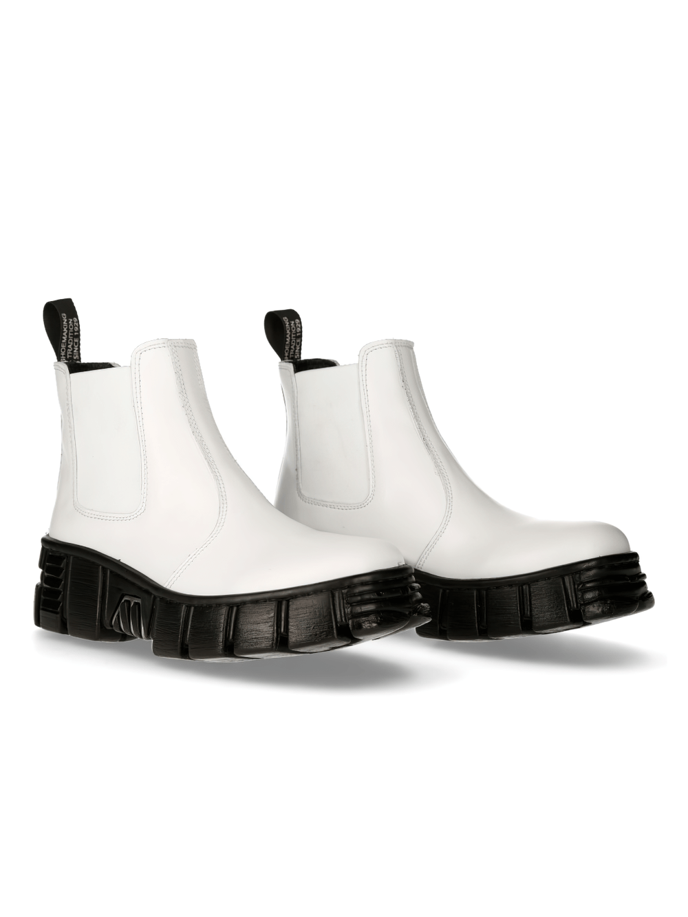 Chic white leather military ankle boots with black PU-Ultra sole, stylish punk rock footwear for bold fashion expression.