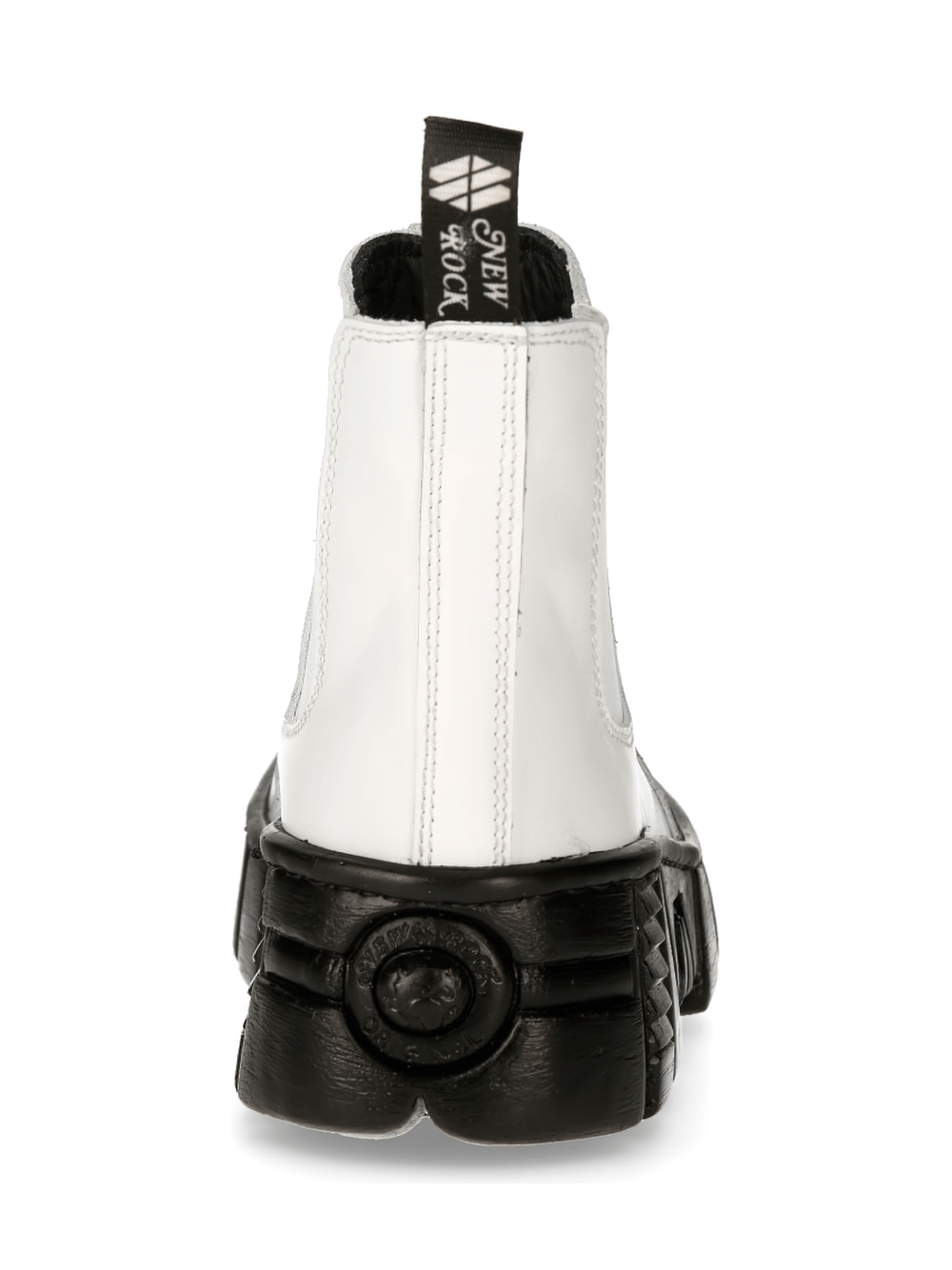 Back view of NEW ROCK Chic White Leather Military Ankle Boots showcasing stylish design and bold PU-Ultra sole.