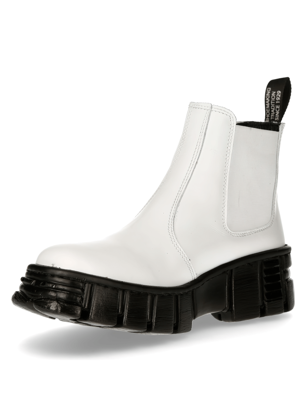 Chic white leather military ankle boots with unique black sole, combining punk fashion and comfort.