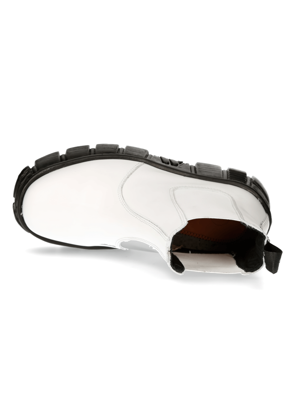 Top view of NEW ROCK Chic White Leather Military Ankle Boots showcasing stylish design and durable PU-Ultra sole.