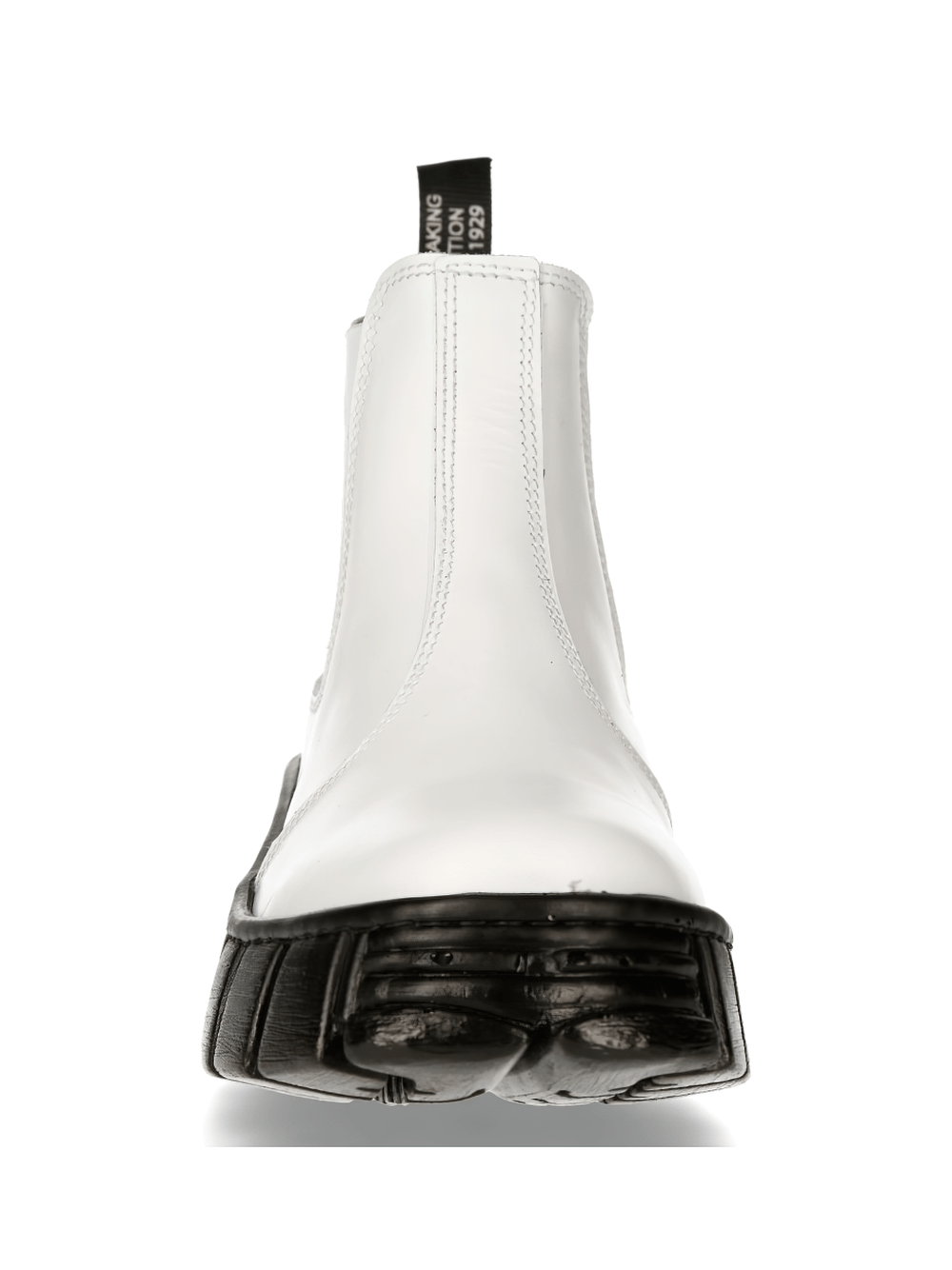 Chic white leather military ankle boots with a sturdy black sole, showcasing punk rock fashion style.