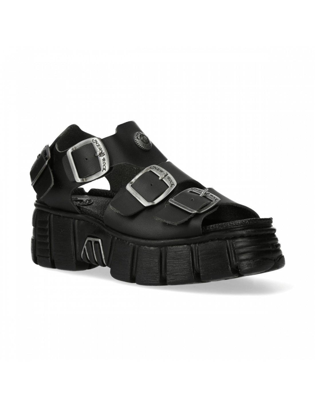 NEW ROCK Men's Chunky Black Buckle Platform Sandals with Gothic design and durable synthetic leather material.
