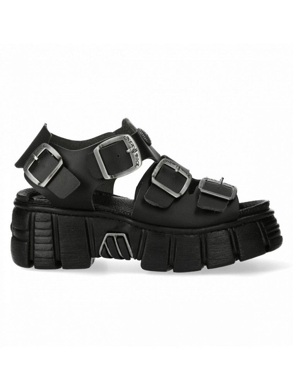 NEW ROCK chunky black buckle platform sandals with dramatic design and bold aesthetics for a punk style.
