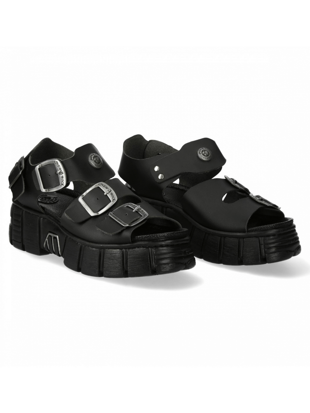 NEW ROCK Men's Chunky Black Buckle Platform Sandals with bold punk and gothic design.