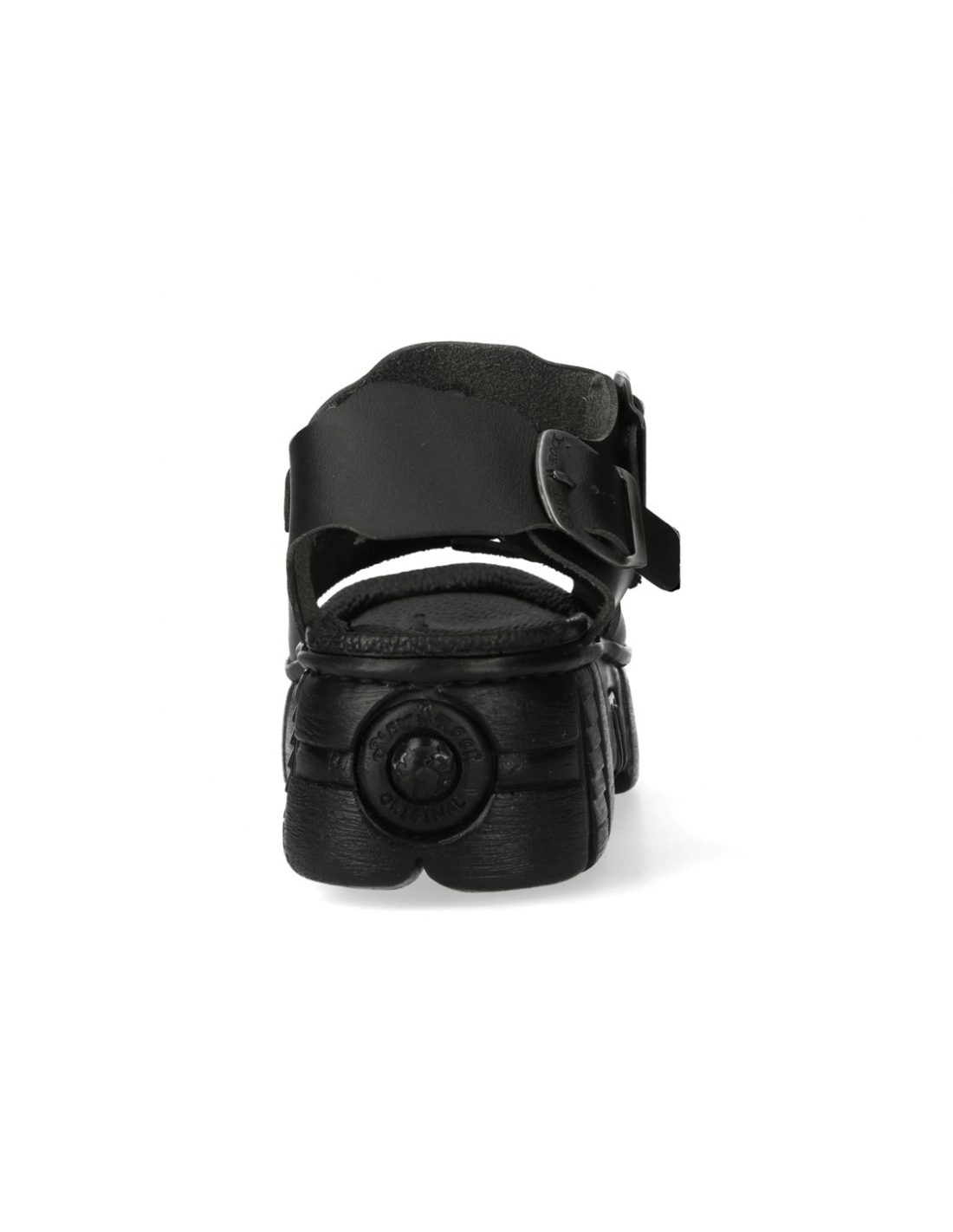 Rear view of NEW ROCK Men's Chunky Black Buckle Platform Sandals showcasing durable design and sleek finish.