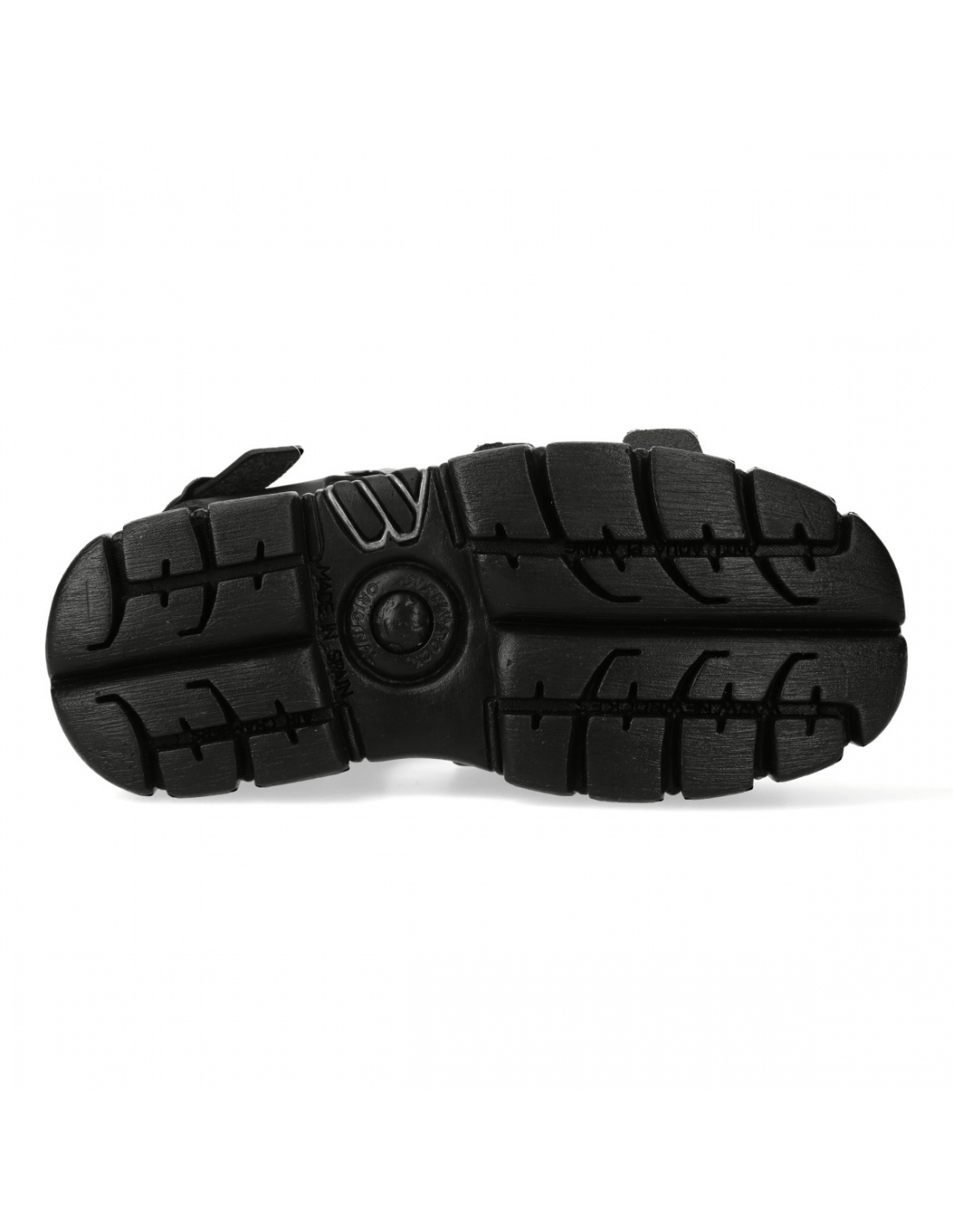 Underside view of NEW ROCK Men's Chunky Black Buckle Platform Sandals showcasing durable tread and grip pattern.