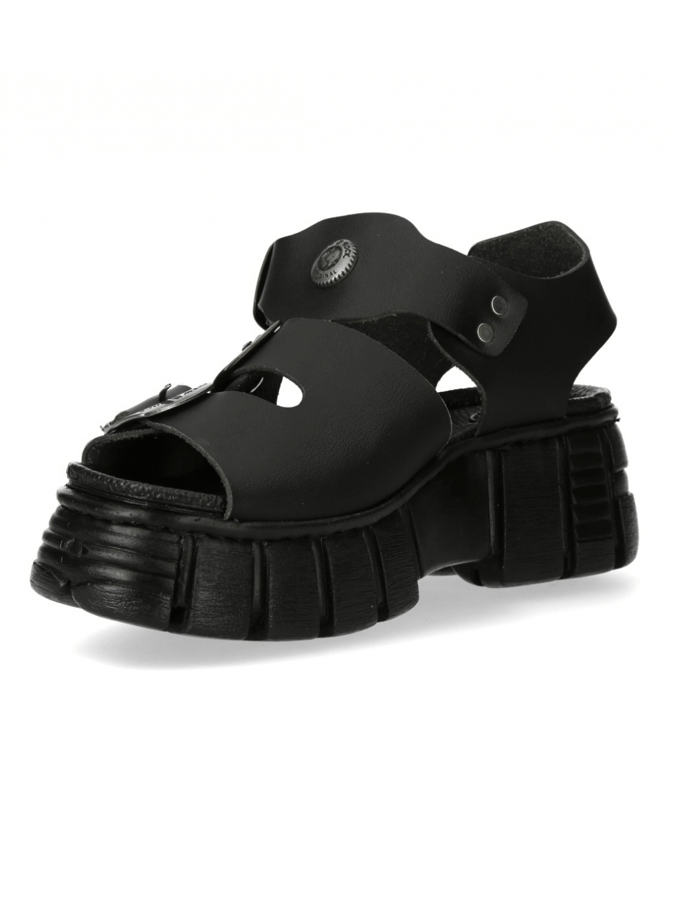 NEW ROCK men's chunky black buckle platform sandals featuring a bold punk design with a 6cm heel.