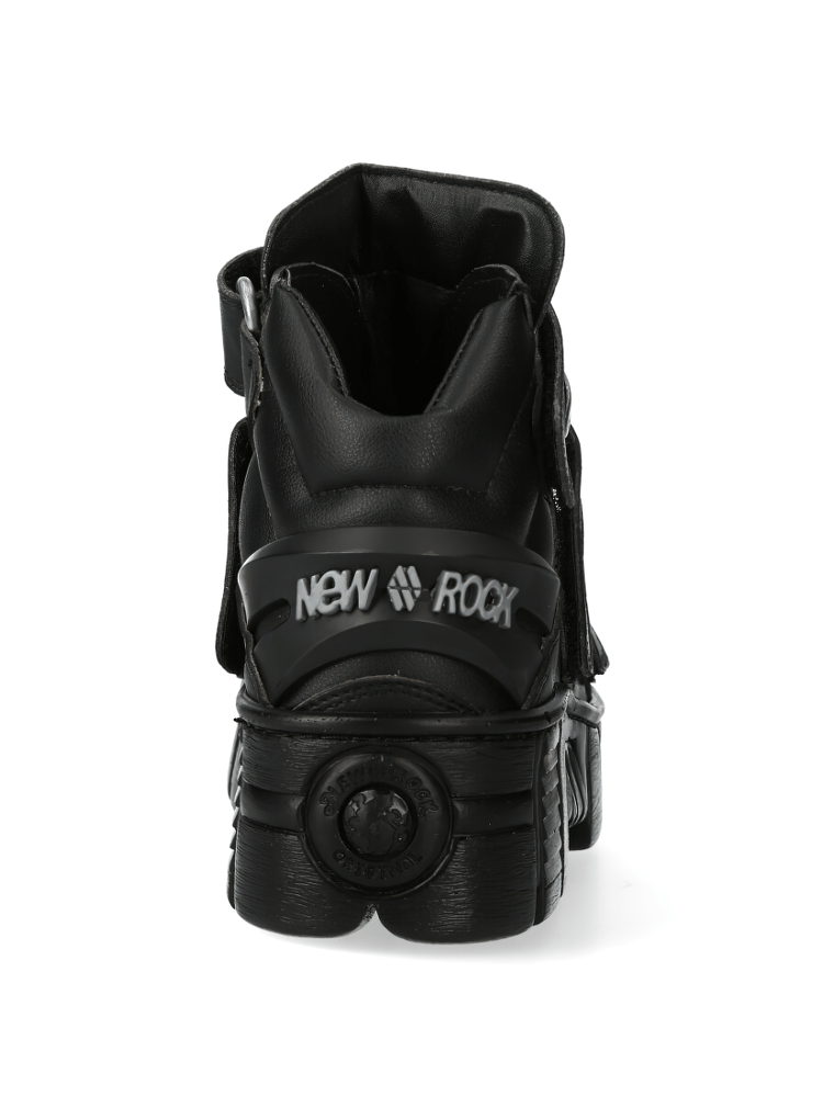 Back view of NEW ROCK chunky black velcro ankle boots with urban rock style and durable PU-ULTRA sole.