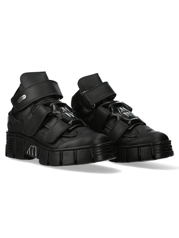 NEW ROCK Chunky Black Velcro Ankle Boots with Urban Rock Style