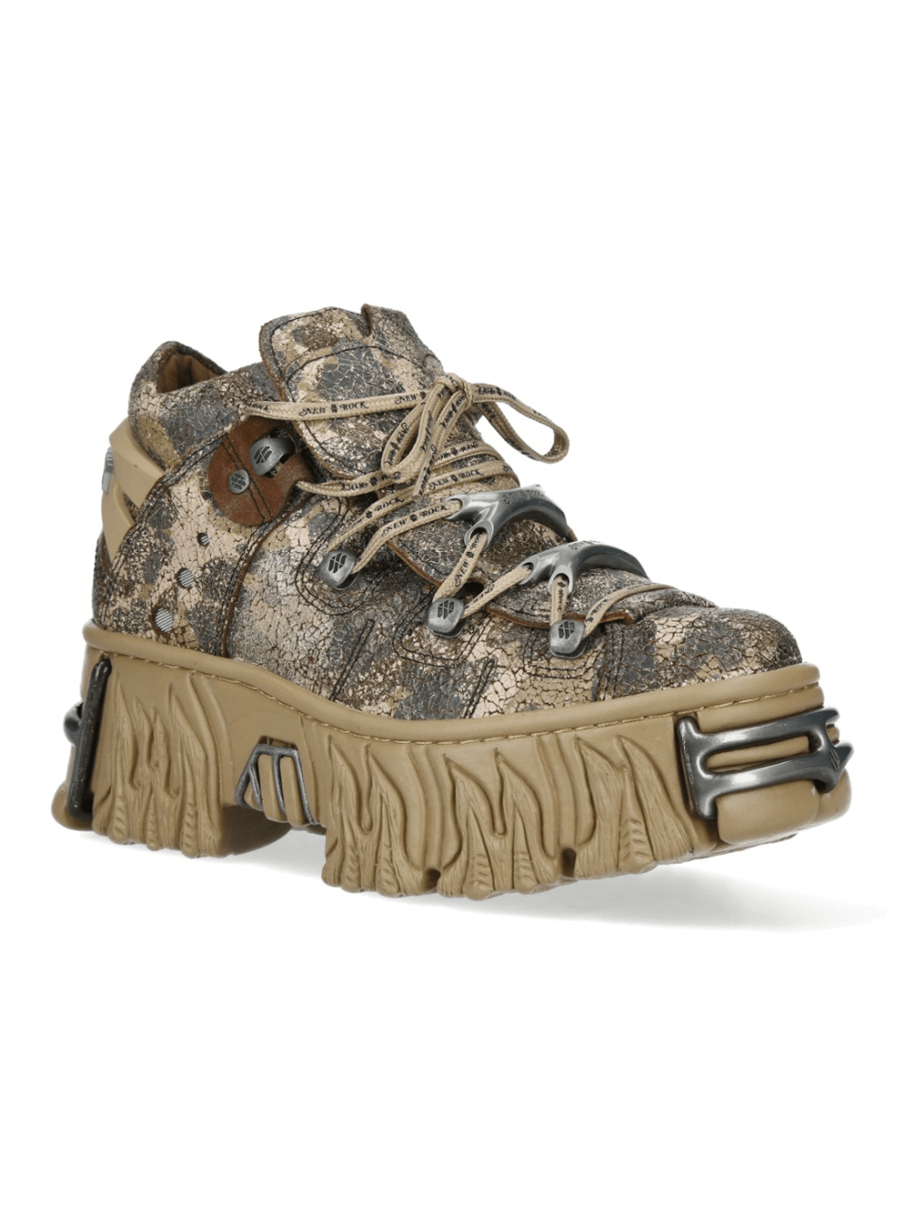 Bold chunky sneakers with a textured brown and beige design, featuring unique lacing and a thick platform sole.