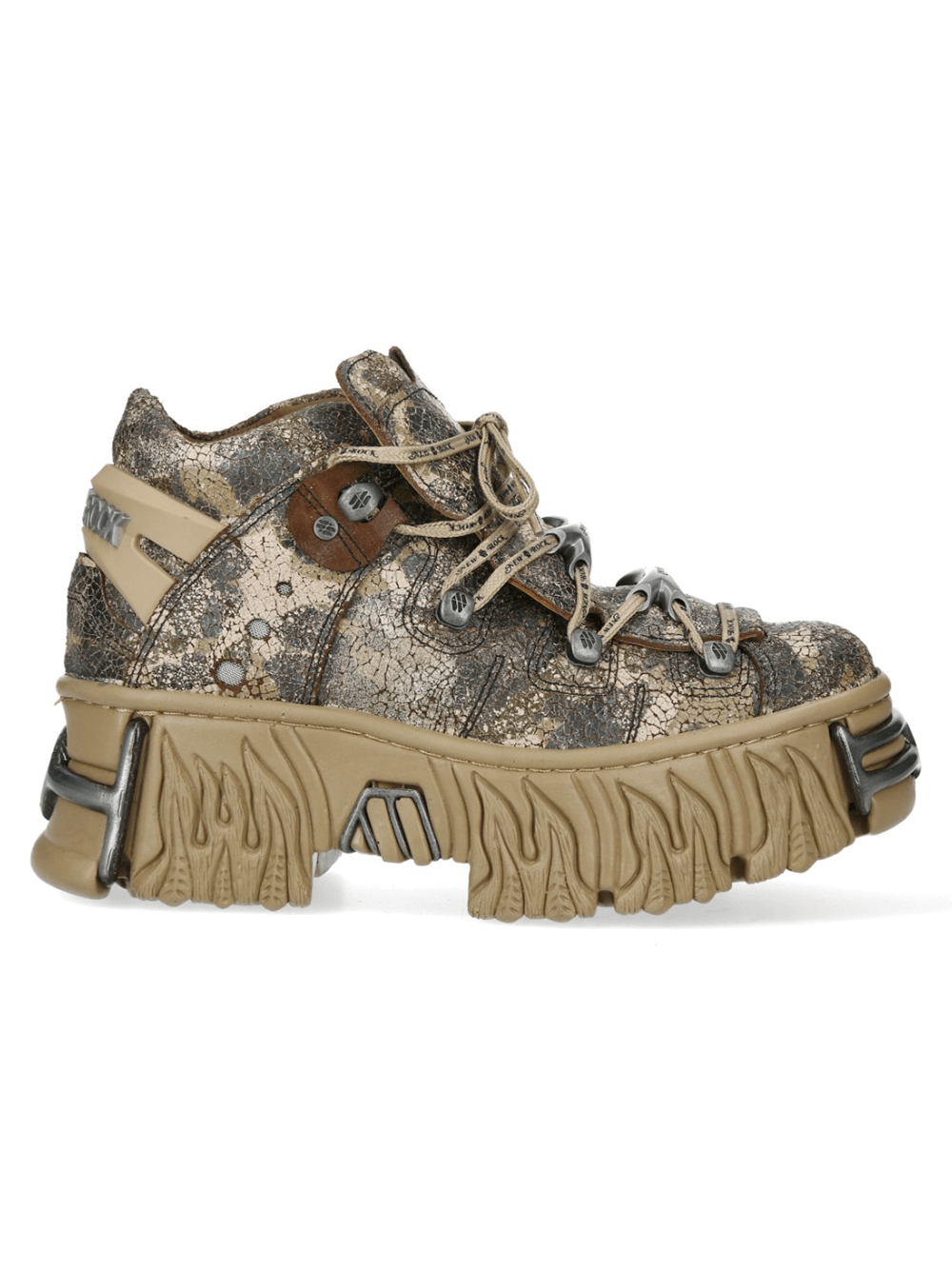 Stylish chunky platform sneakers in bronze with unique tread design and lace-up closure, perfect for urban fashion enthusiasts.