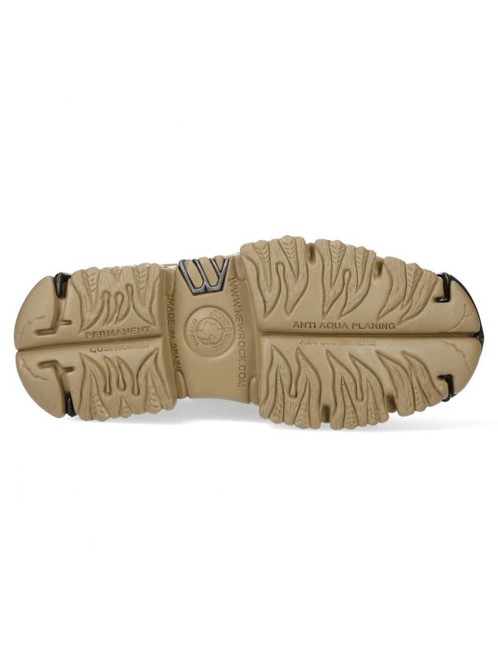 Bottom view of rugged outdoor shoe sole with traction patterns for grip and durability. Ideal for all-terrain adventures.