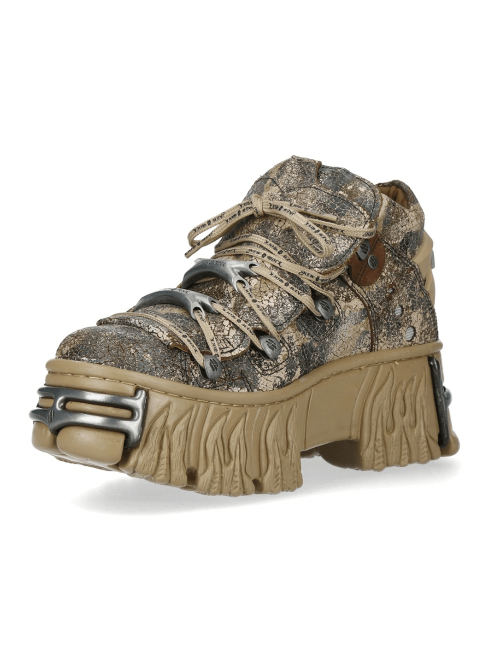 New Rock chunky gothic ankle boots in unique tan and gray with a bold platform and edgy lace-up design. Perfect for urban fashion!