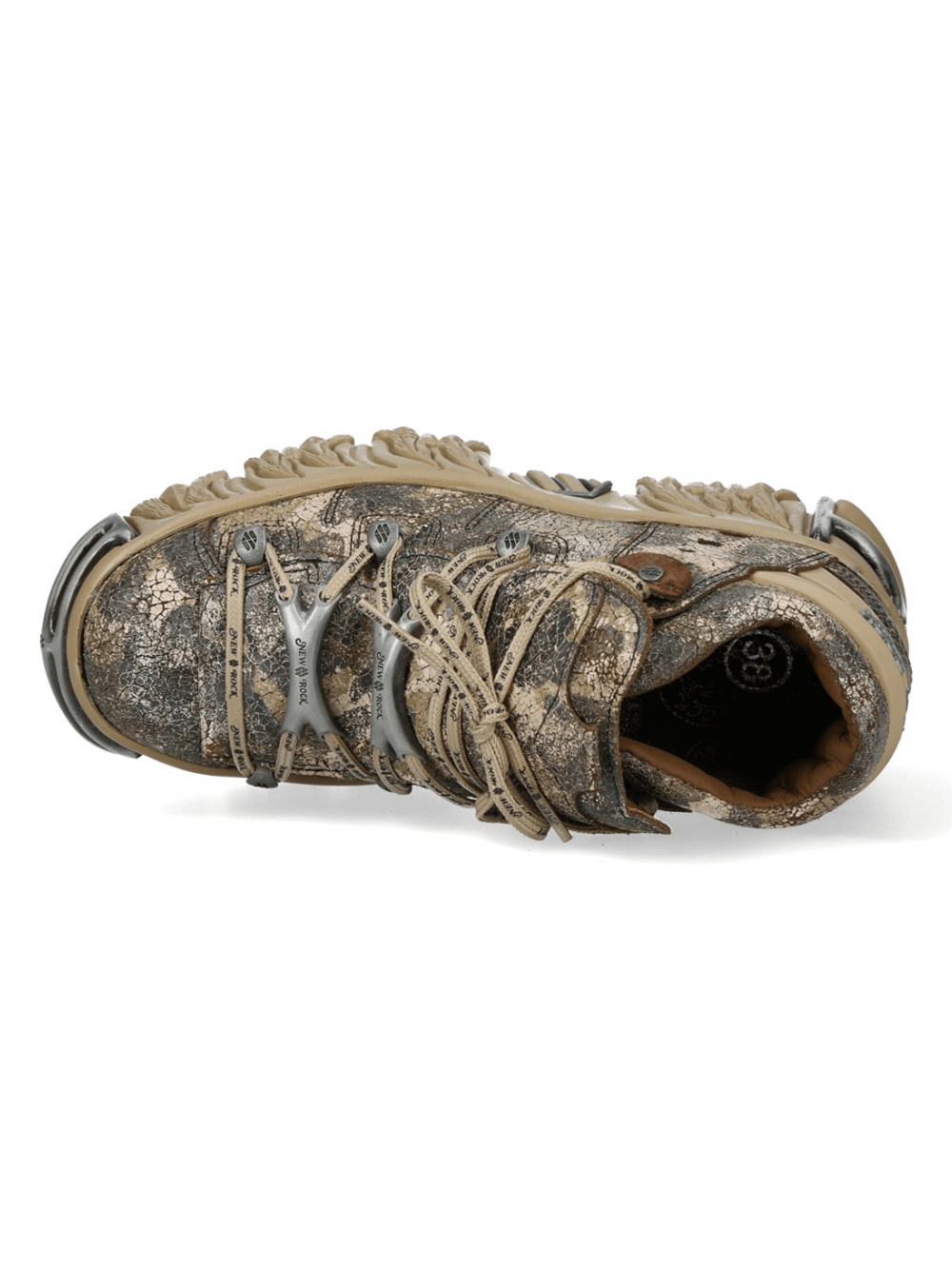 Stylish brown and gold lace-up chunky ankle boot with rugged sole design, perfect for urban adventures.