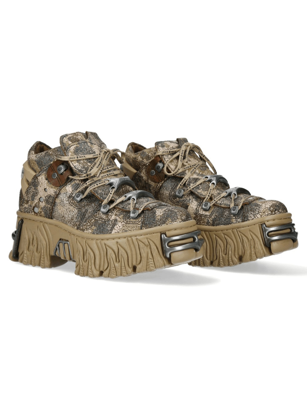 Stylish chunky platform sneakers in a unique camouflage design with rugged sole and lace-up detail. Perfect for bold street fashion.